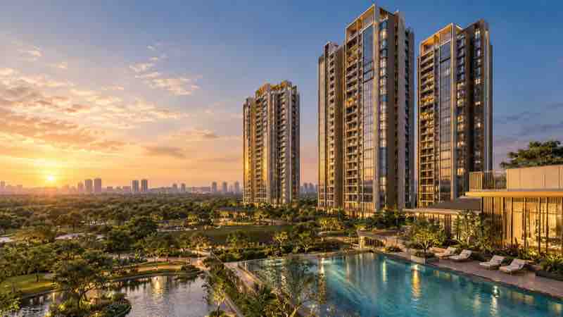 L&T Aravista towers and pool at golden hour